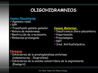 OLIGOHIDRAMNIOS
Causas Placentarias
Agenesia renal.
DPP.
Transfusión gemelo-gemelar.            Causas Maternas.
Rotura de membranas.                   Insuficiencia útero-placentaria
Restricción de crecimiento.            Hipertensión
Embarazo prolongado.                   Preeclampsia
                                        DBT
                                        Sind. Antifosfolipidico.

Fármacos
Inhibidores de la prostaglandinas sintetasa
  (indometacina - Ibuprofeno)
Inhibidores de la enzima convertidora de la angiotensina
  (Enalapril)

                      Est. Med.: Dante Yuri Malca Chunga
 