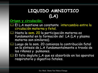 LIQUIDO AMNIOTICO
                  (LA)
Origen y circulación:
 El L.A mantiene un constante intercambio entre la
   circulación materna y fetal.
 Hasta la sem. 20 la participación materna es
   fundamental en la formación del LA (LA y plasma
   materno son similares).
 Luego de la sem. 20 comienza la contribución fetal
   en la síntesis de L.A fundamentalmente a través de
   los riñones y pulmones.
 El feto deglute L.A que es absorbido en los aparatos
   respiratorio y digestivo fetales.


                  Est. Med.: Dante Yuri Malca Chunga
 