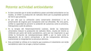 Potente actividad antioxidante
 Es bien conocido que el ácido lactobiónico posee actividad antioxidante en los
tejidos, al inhibir la producción de radicales libres por la propiedad quelante
de hierro que presenta.
 Es por ello que su utilización como conservante alimenticio o en la
preservación de órganos para transplante esté tan difundida. Por otra parte,
exhibe la capacidad de prevenir la oxidación de sustancias como la antralina,
hidroquinona o piel de plátano.
 En la terapia del fotoenvejecimiento cutáneo, donde las radiaciones
ultravioleta inducen la producción de radicales libres, resulta de interés su
inhibición por parte del Ácido Lactobiónico, pero aún tan importante es que
inhibe la formación de metaloproteinasas (MMP) y por lo tanto evita la
degradación de la matriz extracelular y de los componentes dérmicos,
manteniendo la integridad de la estructura dérmica.
 Esta actividad se refleja en la mejoría que ocasiona el tratamiento con ácido
Lactobiónico sobre las arrugas y laxitud cutánea.
 