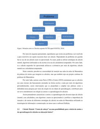 Figura 1 Relações entre os Cálculos segundo NCTM (apud FONTES, 2010) 
Por meio do esquema apresentado, suponhamos que exista um problema a ser resolvido 
e para resolvê-lo um sujeito necessita fazer um cálculo. Dependendo do problema em questão 
faz-se uso de um cálculo exato ou aproximado. Se exato, pode-se utilizar estratégias de cálculo 
mental, algoritmo (utilizando-se da escrita) e/ou uso de calculadora/computador. Por outro lado, 
se o cálculo requerido for aproximado utiliza-se a estimativa por meio de algoritmo, cálculo 
mental ou a calculadora/computador. 
Neste contexto, percebe-se a necessidade de inserção nas salas de aulas de Matemática 
de práticas de ensino que integrem os cálculos, mas que também seja um projeto contínuo do 
professor de Matemática. 
Por outro lado, autoras como Parra (1996) e Fontes (2010) constataram que os cálculos 
nos anos iniciais são basicamente ensinados na forma escrita e exata por meio de algoritmos 
pré-estabelecidos, assim intervenções que se proponham a ampliar tais práticas como a 
defendida nessa pesquisa por meio da criação de um objeto de aprendizagem, contribuem para 
um novo entendimento em relação ao ensino e a aprendizagem de cálculos. 
Assim pretendemos caracterizar o ensino e a aprendizagem dos diversos tipos de cálculo 
(mental, com calculadora, com algoritmo: exatos ou aproximados) e justificar a importância da 
inserção e do ensino de diferentes estratégias de cálculo em aulas de Matemática utilizando as 
tecnologias de informação e comunicação, no nosso caso o software PoliKalc. 
2.1 Cálculo Mental: “Conta de cabeça” ou uma possibilidade para o início do ensino e 
da aprendizagem de cálculos na educação básica? 
 