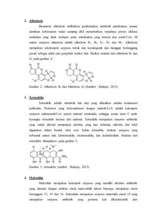 2. Aflatoksin
Biosintesis aflatoksin melibatkan pembentukan metabolit antrakuinon, namun
demikian keberadaan rantai samping alkil menyebabkan terjadinya proses siklisasi
tambahan yang tidak terdapat pada antrakuinon yang berasal dari asetil-CoA. Di
antara senyawa aflatoksin adalah aflatoksin B1, B2, G1, G2 dan M1. Aflatoksin
merupakan sekelompok senyawa toksik dan karsinogenik dan dianggap bertanggung
jawab sebagai salah satu penyebab kanker hati. Berikut struktur dari aflatoksin B1 dan
G1 pada gambar 4 :
O
O
O
O
OO
H
H O O
O
O
O O
O
H
H
Gambar 2 : Aflatoksin B1 dan Aflatoksin G1 (Sumber : Raharjo, 2013)
3. Tetrasiklin
Tetrasiklik adalah metabolit lain dari yang dihasilkan melalui kondensasi
poliketida. Prekursor yang berkondensasi dengan malonil-CoA adalah kelompok
senyawa malanoamil-CoA seperti malonat semiamida, sehingga semua atom C pada
kerangka tetrasiklin berasal dari malonat. Tetrasiklin merupakan senyawa antibiotik
yang sudah dikenal mempunyai aktivitas yang luas terhadap mikroba dan telah
digunakan dalam bentuk obat oral. Selain tetrasiklin, struktur senyawa yang
terbentuk antara lain; klortetrasiklin, oksitetrasiklin, dan demeklosiklin. Struktur dari
tetrasiklin ditunjukkan pada gambar 5:
NH2
OH
OOOHOOH
H
H
H
H
N
OH
Gambar 3 : tetrasiklin (sumber : Raharjo, 2013)
4. Makrolida
Makrolida merupakan kelompok senyawa yang memiliki aktivitas antibiotik
yang ditandai dengan struktur cincin makrosiklik lakton biasanya merupakan cincin
beranggota 12, 14 dan 16. Eritromisin merupakan senyawa makrolida cincin 14 yang
merupakan senyawa antibiotik yang pertama kali dikarakteristik dari
 