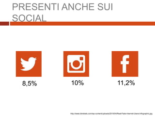 PRESENTI ANCHE SUI
SOCIAL
8,5% 10% 11,2%
http://www.bitrebels.com/wp-content/uploads/2015/04/Real-Fake-Internet-Users-Infographic.jpg
 