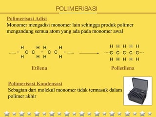 POLIMERISASI
Polimerisasi Adisi
Monomer mengadisi monomer lain sehingga produk polimer
mengandung semua atom yang ada pada monomer awal
C C
H
H H
H
C C
H
H H
H
+...... + + ...... C C C C C
H H H H
H H H H H
H
Etilena Polietilena
Polimerisasi Kondensasi
Sebagian dari molekul monomer tidak termasuk dalam
polimer akhir
 
