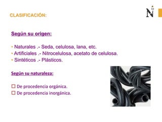 CLASIFICACIÓN:
Según su origen:
• Naturales .- Seda, celulosa, lana, etc.
• Artificiales .- Nitrocelulosa, acetato de celulosa.
• Sintéticos .- Plásticos.
Según su naturaleza:
 De procedencia orgánica.
 De procedencia inorgánica.
 
