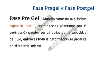 Fase Pregel y Fase Postgel Fase Pre Gel   :  Materia como masa plásticas  capaz de fluir   , las tensiones generadas por la contracción pueden ser disipadas por la capacidad de flujo, entonces toda la deformación se produce en el material mismo 