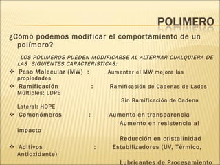 ¿Cómo podemos modificar el comportamiento de un polímero? LOS POLIMEROS PUEDEN MODIFICARSE AL ALTERNAR CUALQUIERA DE LAS  SIGUIENTES CARACTERISTICAS: Peso Molecular (MW)  :  Aumentar el MW mejora las propiedades Ramificación  :  R amificación de Cadenas de Lados Múltiples: LDPE Sin Ramificación de Cadena Lateral: HDPE Comonómeros  :  Aumento en transparencia Aumento en resistencia al impacto Reducción en cristalinidad Aditivos  :  Estabilizadores (UV, Térmico, Antioxidante) Lubricantes de Procesamiento Colorantes (Tintes, Pigmentos) Rellenos (Modificador de choque, agentes de refuerzo) 