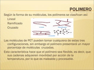 Según la forma de su moléculas, los polímeros se clasifican así: Lineal Ramificado Cruzado Las moléculas de PET pueden tomar cualquiera de estas tres configuraciones, sin embargo el polímero presentará un mayor porcentaje de moléculas  cruzadas. Esta característica hace que el polímero sea flexible, es decir, que sus cadenas adquieren movilidad por acción de la temperatura, por lo que es maleable y procesable. 