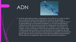 ADN
 El ácido desoxirribonucleico, abreviado como ADN, es un ácido nucleico
que contiene las instrucciones genéticas usadas en el desarrollo y
funcionamiento de todos los organismos vivos conocidos y algunos virus, y
es responsable de su transmisión hereditaria. La función principal de la
molécula de ADN es el almacenamiento a largo plazo de información.
Muchas veces, el ADN es comparado con un plano o una receta, o un
código, ya que contiene las instrucciones necesarias para construir otros
componentes de las células, como las proteínas y las moléculas de ARN.
Los segmentos de ADN que llevan esta información genética son llamados
genes, pero las otras secuencias de ADN tienen propósitos estructurales o
toman parte en la regulación del uso de esta información genética.
 
