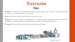 • Perfis: O material é comprimido contra uma matriz que possui o perfil (desenho)
desejado, a qual dá formato ao produto.
• Sopro: Processo usado na fabricação de peças ocas.
• Filmes: Processo usado na fabricação de produtos com espessuras muito pequenas,
utilizados na produção de sacos plásticos, sacolas, embalagens flexíveis.
• Chapas: Produto final consiste de laminados ou chapas.
Extrusora de chapas
Extrusão
Tipos
 