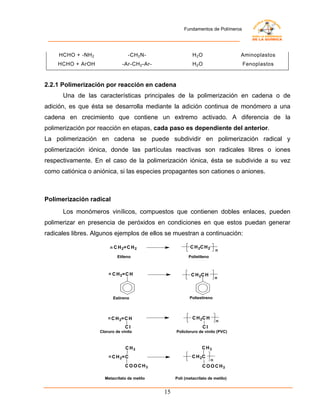 Fundamentos de Polímeros




     HCHO + -NH 2                 -CH 2 N-                   H2O                   Aminoplastos
    HCHO + ArOH                -Ar-CH 2 -Ar-                 H2O                   Fenoplastos



2.2.1 Polimerización por reacción en cadena
      Una de las características principales de la polimerización en cadena o de
adición, es que ésta se desarrolla mediante la adición continua de monómero a una
cadena en crecimiento que contiene un extremo activado. A diferencia de la
polimerización por reacción en etapas, cada paso es dependiente del anterior.
La polimerización en cadena se puede subdividir en polimerización radical y
polimerización iónica, donde las partículas reactivas son radicales libres o iones
respectivamente. En el caso de la polimerización iónica, ésta se subdivide a su vez
como catiónica o aniónica, si las especies propagantes son cationes o aniones.



Polimerización radical
      Los monómeros vinílicos, compuestos que contienen dobles enlaces, pueden
polimerizar en presencia de peróxidos en condiciones en que estos puedan generar
radicales libres. Algunos ejemplos de ellos se muestran a continuación:

                         n C H 2= C H 2                     C H 2C H 2
                                                                             n
                             Etileno                       Polietileno



                        n C H 2=C H                         C H 2C H
                                                                             n




                           Estireno                        Poliestireno




                        n C H 2=C H                          C H 2C H
                                                                             n
                                 Cl                               Cl
                    Cloruro de vinilo               Policloruro de vinilo (PVC)



                                 C H3                             C H3
                        n C H 2= C                           C H 2C
                                                                         n
                                 C O O C H3                       C O O C H3

                      Metacrilato de metilo         Poli (metacrilato de metilo)


                                               15
 