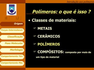 Polímeros: o que é isso ? Classes de materiais: METAIS CERÂMICOS POLÍMEROS COMPÓSITOS:  composto por mais de um tipo de material Origem 