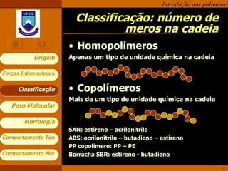 Classificação: número de meros na cadeia Homopolímeros Apenas um tipo de unidade química na cadeia Copolímeros Mais de um tipo de unidade química na cadeia SAN: estireno – acrilonitrilo ABS: acrilonitrilo – butadieno – estireno PP copolímero: PP – PE Borracha SBR: estireno - butadieno Classificação 