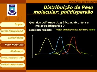 Distribuição de Peso molecular: polidispersão Peso Molecular Qual dos polímeros do gráfico abaixo  tem a maior polidispersão ? Clique para resposta: maior polidispersão: polímero  verde 