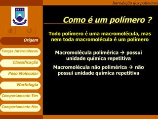 Como é um polímero ? Origem Todo polímero é uma macromolécula, mas nem toda macromolécula é um polímero Macromolécula polimérica    possui unidade química repetitiva Macromolécula não polimérica    não possui unidade química repetitiva 