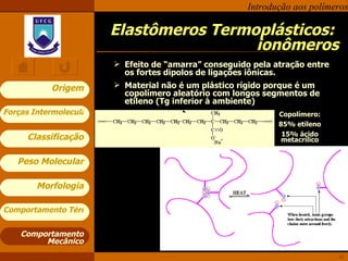Elastômeros Termoplásticos:  ionômeros Comportamento Mecânico Efeito de “amarra” conseguido pela atração entre os fortes dipolos de ligações iônicas. Material não é um plástico rígido porque é um copolímero aleatório com longos segmentos de etileno (Tg inferior à ambiente) Copolímero: 85% etileno 15% ácido metacrílico 
