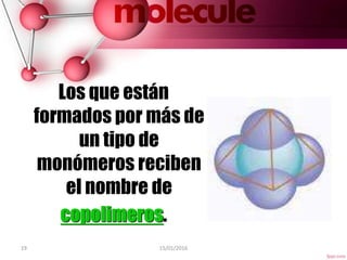 19 15/01/2016
Los que están
formados por más de
un tipo de
monómeros reciben
el nombre de
copolimeros.
 