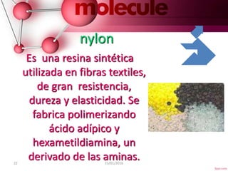 22 15/01/2016
nylon
Es una resina sintética
utilizada en fibras textiles,
de gran resistencia,
dureza y elasticidad. Se
fabrica polimerizando
ácido adípico y
hexametildiamina, un
derivado de las aminas.
 