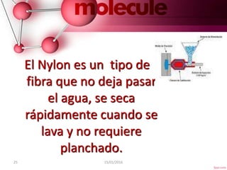 25 15/01/2016
El Nylon es un tipo de
fibra que no deja pasar
el agua, se seca
rápidamente cuando se
lava y no requiere
planchado.
 