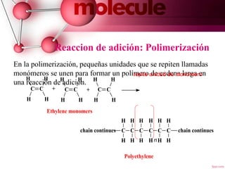 Reaccion de adición: Polimerización
En la polimerización, pequeñas unidades que se repiten llamadas
monómeros se unen para formar un polímero de cadena larga en
una reacción de adición.
5
chain continues chain continues
Polyethylene
Ethylene monomers
C C C C C C
H H
HH
H
H
H
H
H
H
H
H
++ C C
H H
HH
C C
H H
HH
C C
H H
HH
repite unidad de monómero
n
 