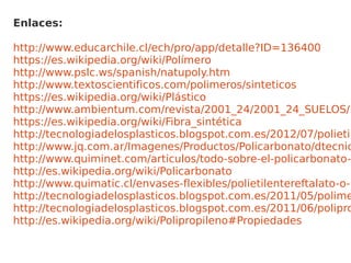 Enlaces:
http://www.educarchile.cl/ech/pro/app/detalle?ID=136400
https://es.wikipedia.org/wiki/Polímero
http://www.pslc.ws/spanish/natupoly.htm
http://www.textoscientificos.com/polimeros/sinteticos
https://es.wikipedia.org/wiki/Plástico
http://www.ambientum.com/revista/2001_24/2001_24_SUELOS/M
https://es.wikipedia.org/wiki/Fibra_sintética
http://tecnologiadelosplasticos.blogspot.com.es/2012/07/polietil
http://www.jq.com.ar/Imagenes/Productos/Policarbonato/dtecnic
http://www.quiminet.com/articulos/todo-sobre-el-policarbonato-p
http://es.wikipedia.org/wiki/Policarbonato
http://www.quimatic.cl/envases-flexibles/polietilentereftalato-o-p
http://tecnologiadelosplasticos.blogspot.com.es/2011/05/polime
http://tecnologiadelosplasticos.blogspot.com.es/2011/06/polipro
http://es.wikipedia.org/wiki/Polipropileno#Propiedades
 