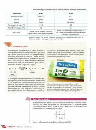 A tabeLa a seguir compara aLgumas propriedades dos dois tipos de poLietiLeno.
Propriedade PE-AD PE-BD
Densidade (q/cm'') 0,94-0,97 0,92
Dureza Maior Menor
Aspecto Opaco Translúcido
Temperatura de fusão (0C) > 130 110
Resistência à tração (MPa) 43 24
Baldes, bacias, assentos sanitários,
Filmes para embalagem, revestimentos de
Aplicações
caixas-d'água, potes, frascos, tubos etc.
fios, sacolas, tampas flexíveis, tubos de cargas
de caneta, mangueiras etc.
Fonte: COUTINHO. F. M. B. et alo Polietileno: principais tipos. propriedades e aplicações. In:
Polímeros: Ciência e Tecnologia. v. 13. n. 1. p. 1-13.2003.
Polietileno verde
o monômero do polietileno, o eteno (etileno), é
um derivado da indústria petroquímica que pode
ser obtido principalmente por craqueamento,
conforme estudado no capítulo 1 deste volume.
Uma maneira alternativa de obter eteno é a par-
tir da cana-de-açúcar. A sacarose é transformada
em etanol e este, por desidratação, gera o eteno,
conforme mostra a equação a seguir.
H,S04 (conc.)
•
incentivar a reciclagem desse material, pois, ape-
sar do "rótulo de produto verde", trata-se de um
malerial não biodegradável, assim como o polie-
tileno de origem petroquímica.
eteno
(etileno)
.~o
,...;,:o
1800
e
I'lllQ
ree
PBr~l
WWW,
etanol
(álcool etílico)
Plastic
Renev.,rable SOurce
Carbon redUction
A vantagem desse processo está no fato de a ma-
téria-prima (biomassa) ser renovável, diminuindo
o uso do petróleo, um recurso não renovável. No
entanto, o polietileno é utilizado em muitos ob-
jetos descartáveis, como sacolas plásticas e outras
embalagens que, com frequência, terminam jun-
tos ao lixo comum. Por esse motivo, é necessário
Alguns rótulos .apresentam a inscrição em inglês
i'm green (eu sou verde) que indica que a embalagem -
no caso, de polietileno - foi produzida a partir do eteno
proveniente do etanol que, por sua vez, tem origem na
biomassa, e não em material fóssil, como o petróleo.
Exercício resolvido : ~~--_-7 -- - ---
il A-poliacrilonitrila (PAN) é um polímero de adição que pode ser trans-
formado em fibras, que podem ser até misturadas à lã. Um dos nomes
comumente usados para a PANé "acrílico". A estrutura do polímero pode
ser representada pela seguinte notação:
1~_~~
T~J:Jn
Escreva a fórmula estrutural do monômero da PAN.
.•..&.CAPíTULO 6 • Polímeros e biomoléculas
 