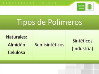 Tipos de Polímeros
Naturales:
Almidón
Celulosa
Semisintéticos
Sintéticos
(Industria)
 