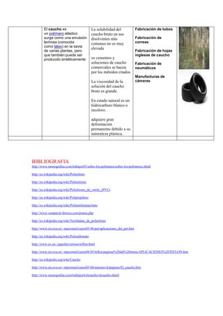 El caucho es
un polímero elástico
surge como una emulsión
lechosa (conocida
como látex) en la savia
de varias plantas, pero
que también puede ser
producido sintéticamente
La solubilidad del
caucho bruto en sus
disolventes más
comunes no es muy
elevada
os cementos y
soluciones de caucho
comerciales se hacen
por los métodos citados
La viscosidad de la
solución del caucho
bruto es grande.
En estado natural es un
hidrocarburo blanco o
incoloro.
adquiere gran
deformación
permanente debido a su
naturaleza plástica.
Fabricación de tubos
Fabricación de
correas
Fabricación de hojas
inglesas de caucho
Fabricación de
neumáticos
Manufacturas de
cámaras
BIBLIOGRAFIA
http://www.monografias.com/trabajos93/sobre-los-polimeros/sobre-los-polimeros.shtml
http://es.wikipedia.org/wiki/Polietileno
http://es.wikipedia.org/wiki/Poliestireno
http://es.wikipedia.org/wiki/Policloruro_de_vinilo_(PVC)
http://es.wikipedia.org/wiki/Polipropileno
http://es.wikipedia.org/wiki/Polimetilmetacrilato
http://www.vamptech-iberica.com/pmma.php
http://es.wikipedia.org/wiki/Tereftalato_de_polietileno
http://www.eis.uva.es/~macromol/curso05-06/pet/aplicaciones_del_pet.htm
http://es.wikipedia.org/wiki/Policarbonato
http://www.uv.es/~jaguilar/curioso/teflon.html
http://www.eis.uva.es/~macromol/curso04-05/teflon/paginas%20del%20menu/APLICACIONES%20TEFLON.htm
http://es.wikipedia.org/wiki/Caucho
http://www.eis.uva.es/~macromol/curso03-04/automovil/paginas/El_caucho.htm
http://www.monografias.com/trabajos4/elcaucho/elcaucho.shtml
 