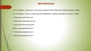 REFERENCIAS
1.W. D. Callister. “Introducción a la Ciencia e Ingeniería de los Materiales”.Editorial Reverté, (1995).
2.D. R. Askeland. “Ciencia e Ingeniería de los Materiales”. Editorial International.Thomson, (1998).
3. http://www.vectranfiber.com
4. http://www.entecpolymers.com
5. http://www.interempresas.net
6.http://www.applied-fiber.com
7. http://www.polyplastics.com
8. http://www.gopolymers.com
 