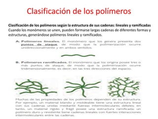 Clasificación de los polímeros
Clasificación de los polímeros según la estructura de sus cadenas: lineales y ramificadas
Cuando los monómeros se unen, pueden formarse largas cadenas de diferentes formas y
estructuras, generándose polímeros lineales y ramificados.
 