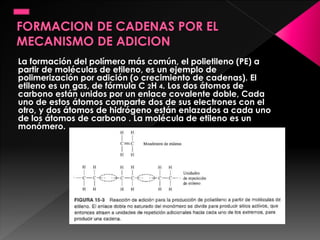 La formación del polímero más común, el polietileno (PE) a
partir de moléculas de etileno, es un ejemplo de
polimerización por adición (o crecimiento de cadenas). El
etileno es un gas, de fórmula C 2H 4. Los dos átomos de
carbono están unidos por un enlace covalente doble, Cada
uno de estos átomos comparte dos de sus electrones con el
otro, y dos átomos de hidrógeno están enlazados a cada uno
de los átomos de carbono . La molécula de etileno es un
monómero.
 
