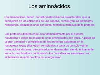 Los aminoácidos. L os aminoácidos, tienen  constituyentes básicos estructurales, que, a semejanza de los eslabones de una cadena, constituyen los elementos necesarios, enlazados unos con otros, forman la molécula de la proteína. Las proteínas difieren entre sí fundamentalmente por el número, naturaleza y orden de enlace de unos aminoácidos con otros. A pesar de la gran variedad y complejidad de las proteínas existentes en la naturaleza, todas ellas están constituidas a partir de tan sólo veinte aminoácidos distintos, denominados fundamentales, siendo únicamente los ocho nombrados a continuación los considerados esenciales o no sintetizados a partir de otros por el organismo.      