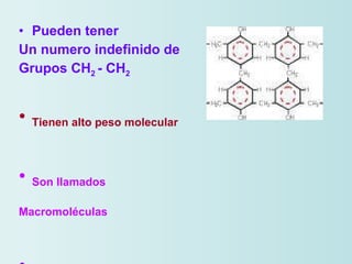 Pueden tener Un numero indefinido de Grupos CH 2  - CH 2 Tienen alto peso molecular Son llamados  Macromoléculas Sintetización a través de polimerización 