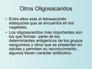 Otros Oligosacaridos Entre ellos esta el tetrasacarido estaquiosa que se encuentra en los vegetales. Los oligosacaridos mas importantes son los que forman  parte de los determinantes antigenicos de los grupos sanguineos y otros que se presentan en celulas y permiten su reconocimiento , algunos tienen carácter antibiotico. 