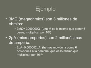 Ejemplo 3M Ω  (megaohmios) son 3 millones de ohmios: 3M Ω =   3000000 Ω   (una M es lo mismo que poner 6 ceros, multiplicar por 10 6 ) 2 μ A (microamperios) son 2 millonésimas de amperio: 2 μ A=0,000002 μ A  (hemos movido la coma 6 posiciones a la derecha, que es lo mismo que multiplicar por 10 -.6) 
