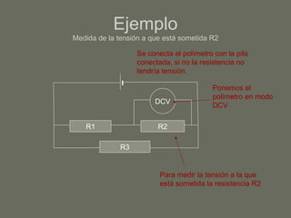 Ejemplo Medida de la tensión a que está sometida R2 R1 R2 R3 Para medir la tensión a la que está sometida la resistencia R2 DCV Ponemos el polímetro en modo DCV Se conecta el polímetro con la pila conectada, si no la resistencia no tendría tensión. 