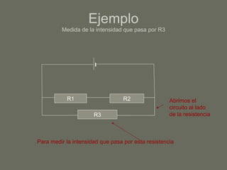 Ejemplo Medida de la intensidad que pasa por R3 R1 R2 R3 Para medir la intensidad que pasa por esta resistencia Abrimos el circuito al lado de la resistencia 