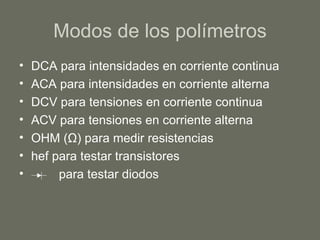 Modos de los polímetros DCA para intensidades en corriente continua ACA para intensidades en corriente alterna DCV para tensiones en corriente continua ACV para tensiones en corriente alterna OHM ( Ω ) para medir resistencias hef para testar transistores para testar diodos 