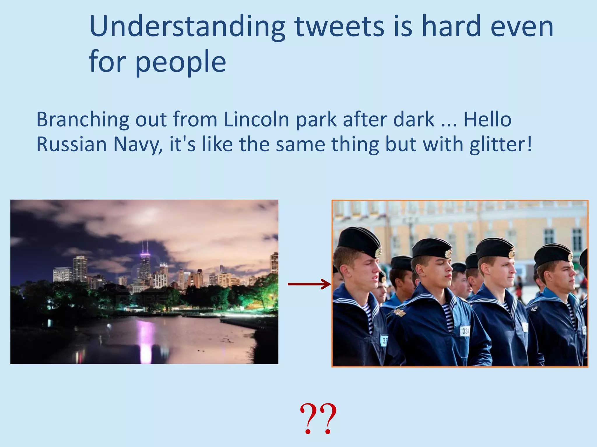 Understanding tweets is hard even
for people
Branching out from Lincoln park after dark ... Hello
Russian Navy, it's like the same thing but with glitter!
??
 