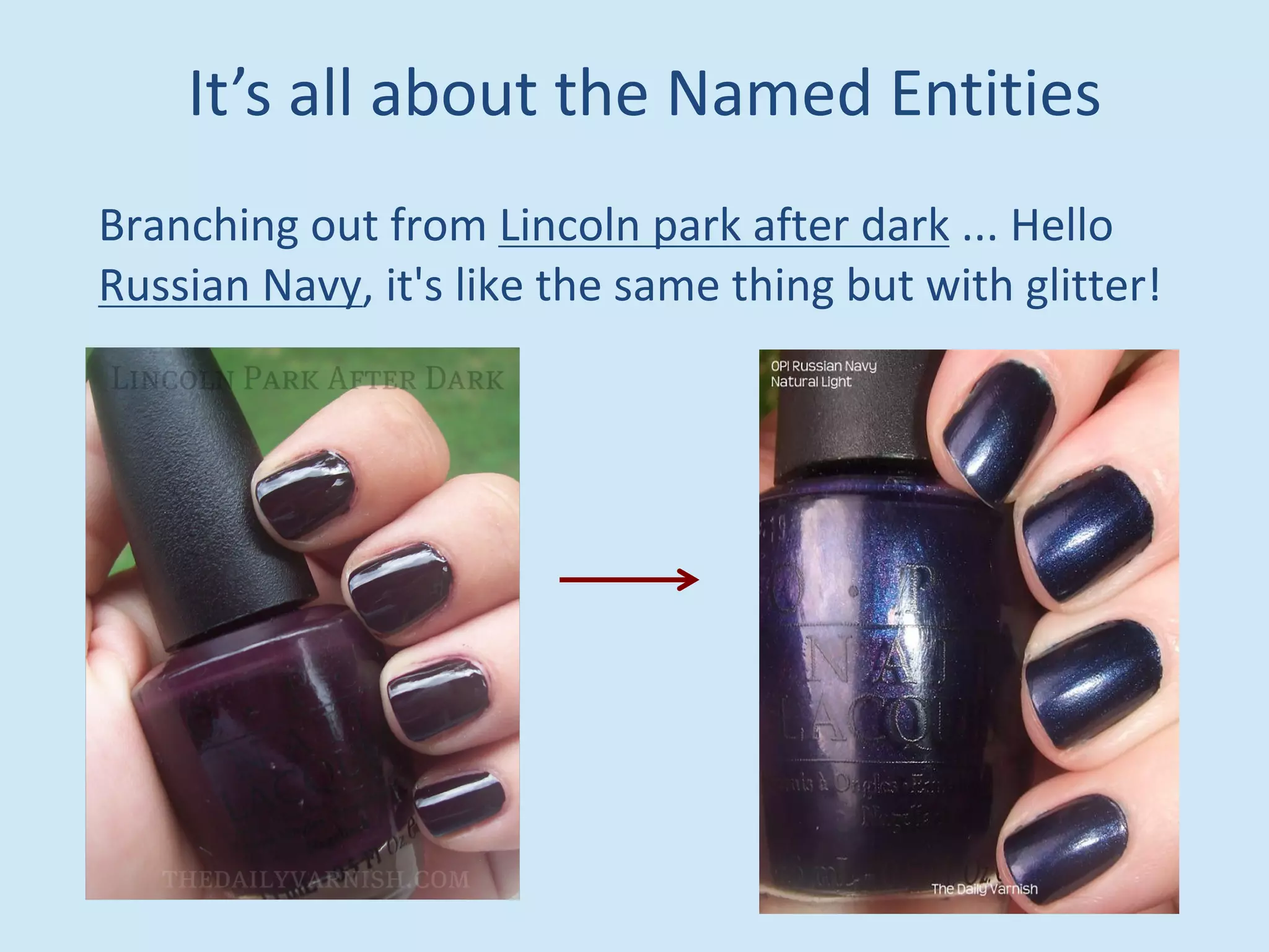 It’s all about the Named Entities
Branching out from Lincoln park after dark ... Hello
Russian Navy, it's like the same thing but with glitter!
 