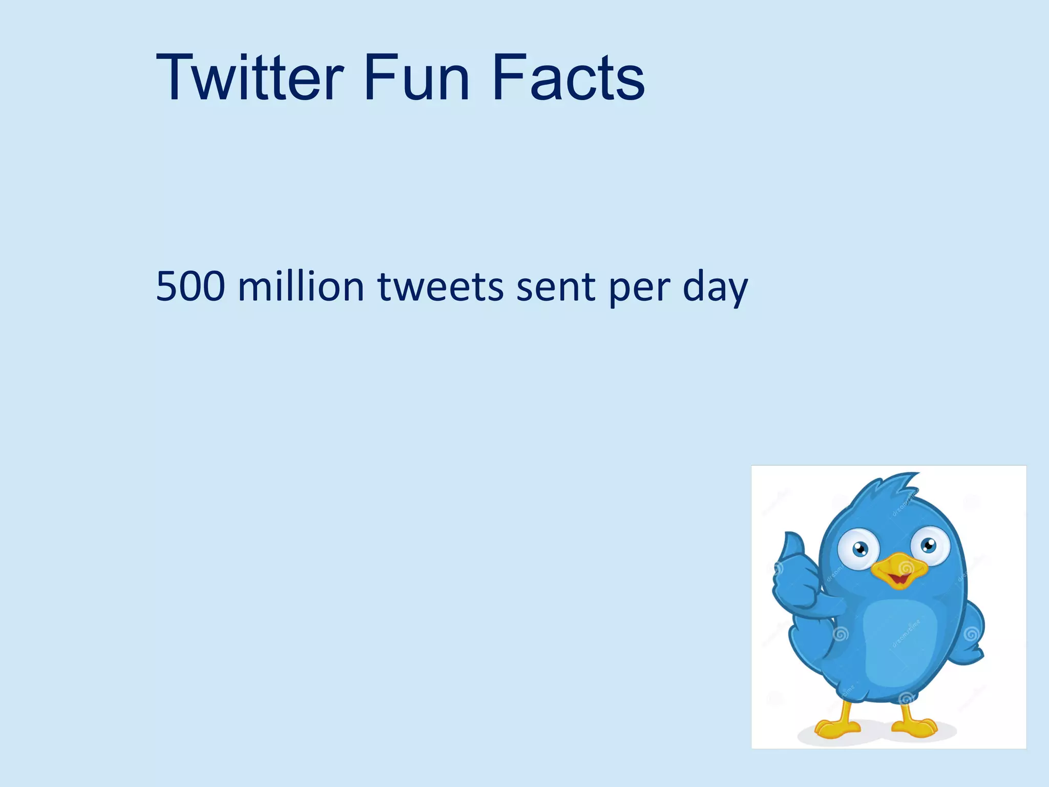 Twitter Fun Facts
500 million tweets sent per day
 