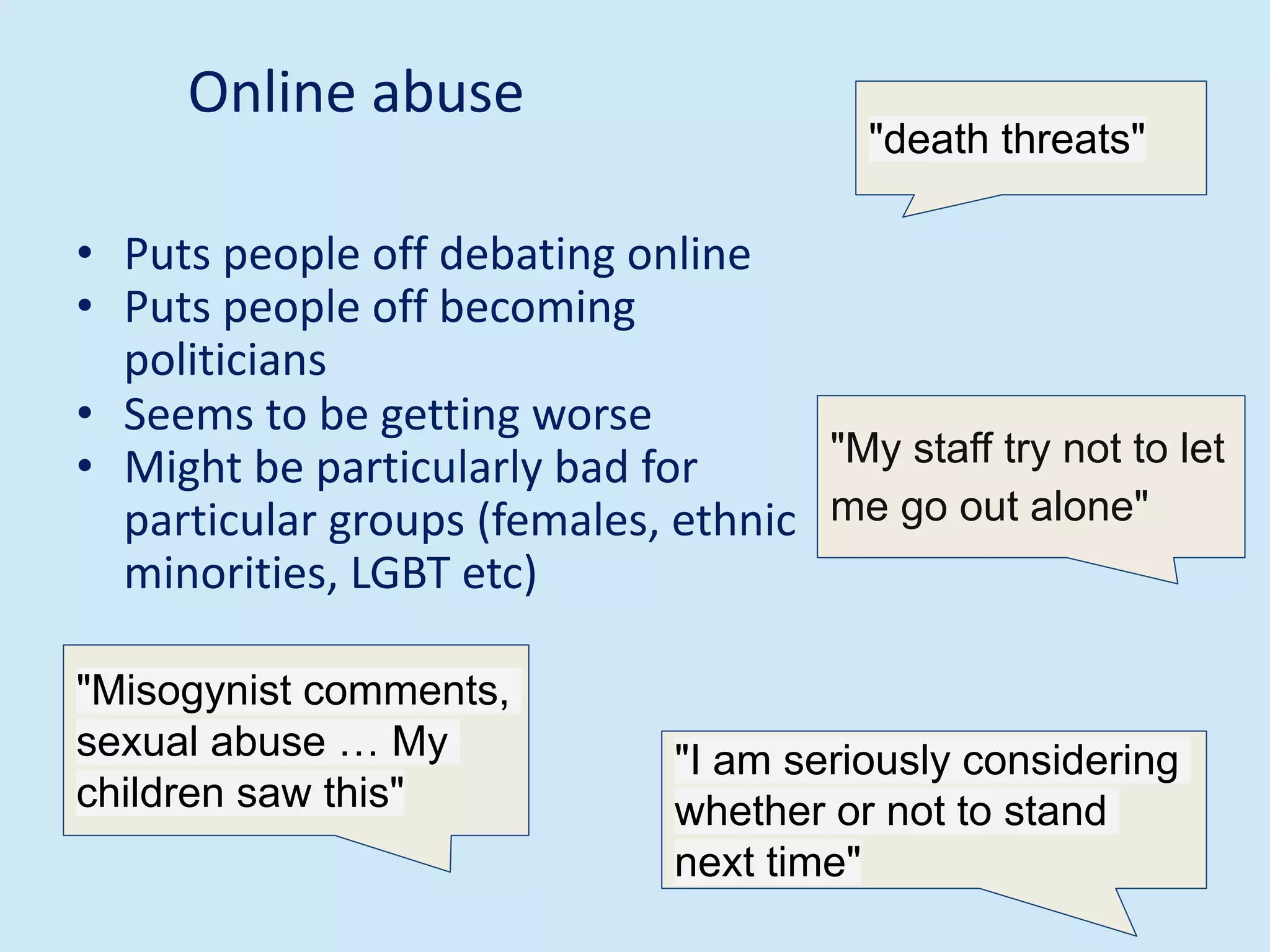 Online abuse
• Puts people off debating online
• Puts people off becoming
politicians
• Seems to be getting worse
• Might be particularly bad for
particular groups (females, ethnic
minorities, LGBT etc)
"I am seriously considering
whether or not to stand
next time"
"My staff try not to let
me go out alone"
"Misogynist comments,
sexual abuse … My
children saw this"
"death threats"
 