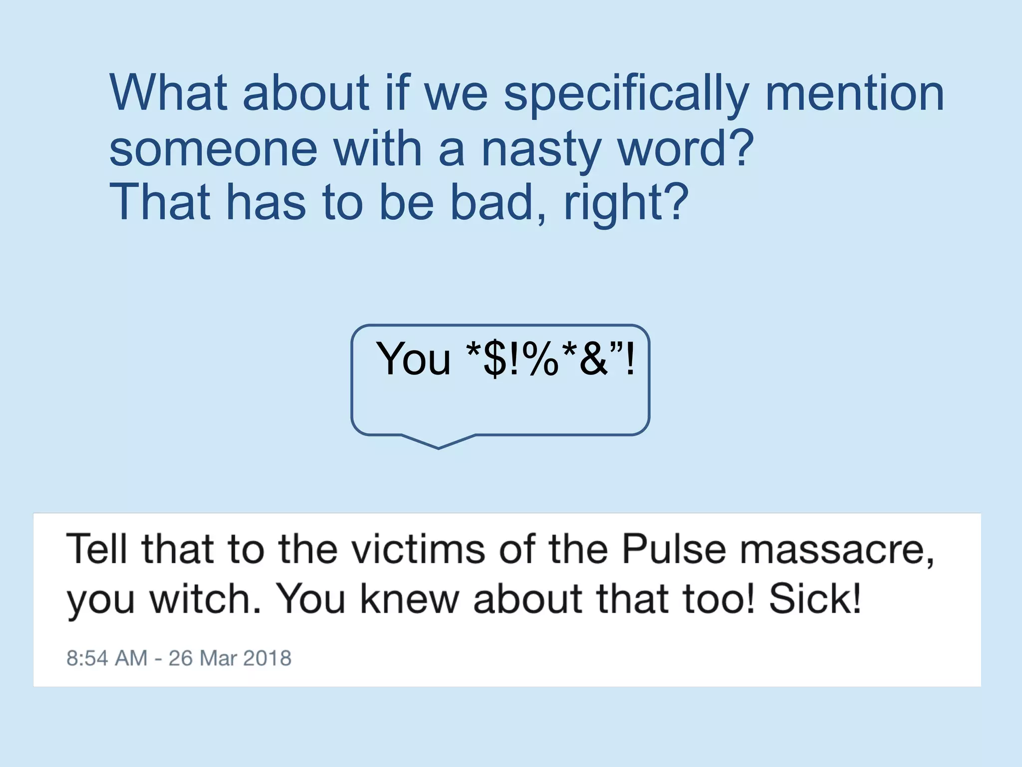What about if we specifically mention
someone with a nasty word?
That has to be bad, right?
You *$!%*&”!
 