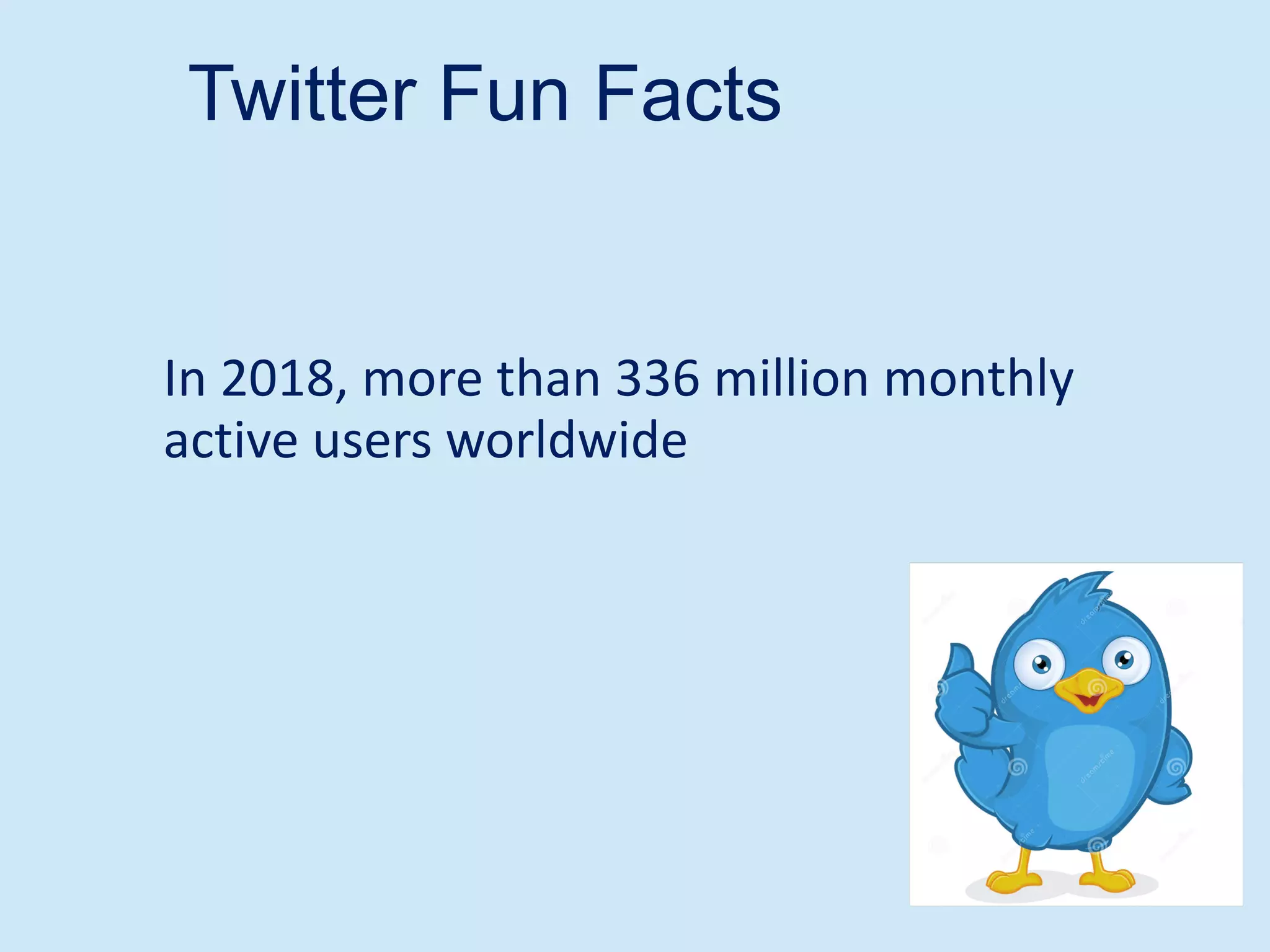 Twitter Fun Facts
In 2018, more than 336 million monthly
active users worldwide
 