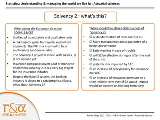 Statistics: Understanding & managing the world we live in : Actuarial sciences


                                    Solvency 2 : what’s this?

     What about the European directive                          What should the stakeholders expect of
     2009/138/CE?                                               Solvency 2?
•   3 pillars of quantitative and qualitative rules      •      A standardization of rules accross EU
•   A risk-based capital framework and holistic          •      More transparency and a guarantee of a
    approach : the P&L is a assumed to be a                    better gouvernance
    multivariate random variable                         •      Early warning in case of trouble
•   The Solvency 2 project is in line with Basel 2, it   •      will S2 be effective during or after the end
    is not applied yet                                         of the crisis
•   Insurance companies invest a lot of money to         •      systemic risk impulsed by S2?
    implement Solvency 2, it is a very big project       •      an increase of procyclicality for insurance
    for the insurance industry                                 market?
•   Despite the Basel 2 system, the banking              •      an increase of insurance premium on a
    industry is closed to a catastrophic collapse,             short-middle term even if S2 would impact
    what about Solvency 2?                                     would be positive on the long term view




                                                             Polimi Parigi 22/11/2012 - R&A – Lionel Texier - Associate director
 