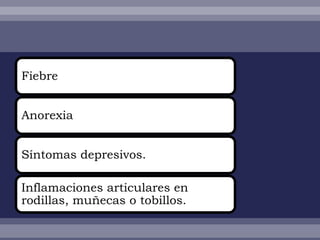 Fiebre


Anorexia


Síntomas depresivos.

Inflamaciones articulares en
rodillas, muñecas o tobillos.
 