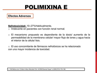 POLIMIXINA E
J. 184 Molina et al / Enferm Infecc Microbiol Clin. & 2009 Elsevier Espan˜ a 2009;27(3):178–188
Efectos Adversos
Nefrotoxicidad: 10–27%Habitualmente,
o Irrelevante en pacientes con función renal normal.
o El mecanismo propuesto es dependiente de la dosis/ aumento de la
permeabilidad de la membrana celular/ mayor flujo de iones y agua hacia
el interior de la célula/ lisis.
o El uso concomitante de fármacos nefrotóxicos se ha relacionado
con una mayor incidencia de toxicidad.
 