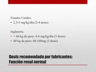 Estados Unidos:
• 2.5-5 mg/kg/día (2-4 dosis)

Inglaterra:
• < 60 kg de peso: 4-6 mg/kg/día (3 dosis)
• 60 kg de peso: 80-160mg (3 dosis)




Dosis recomendada por fabricantes:
Función renal normal
 