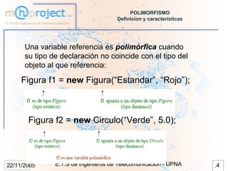 POLIMORFISMO
                                     Definicion y características




      Una variable referencia es polimórfica cuando
      su tipo de declaración no coincide con el tipo del
      objeto al que referencia:

     Figura f1 = new Figura(“Estandar”, “Rojo”);



       Figura f2 = new Circulo(“Verde”, 5.0);



22/11/2005     E.T.S de Ingenieros de Telecomunicación - UPNA       .4
 