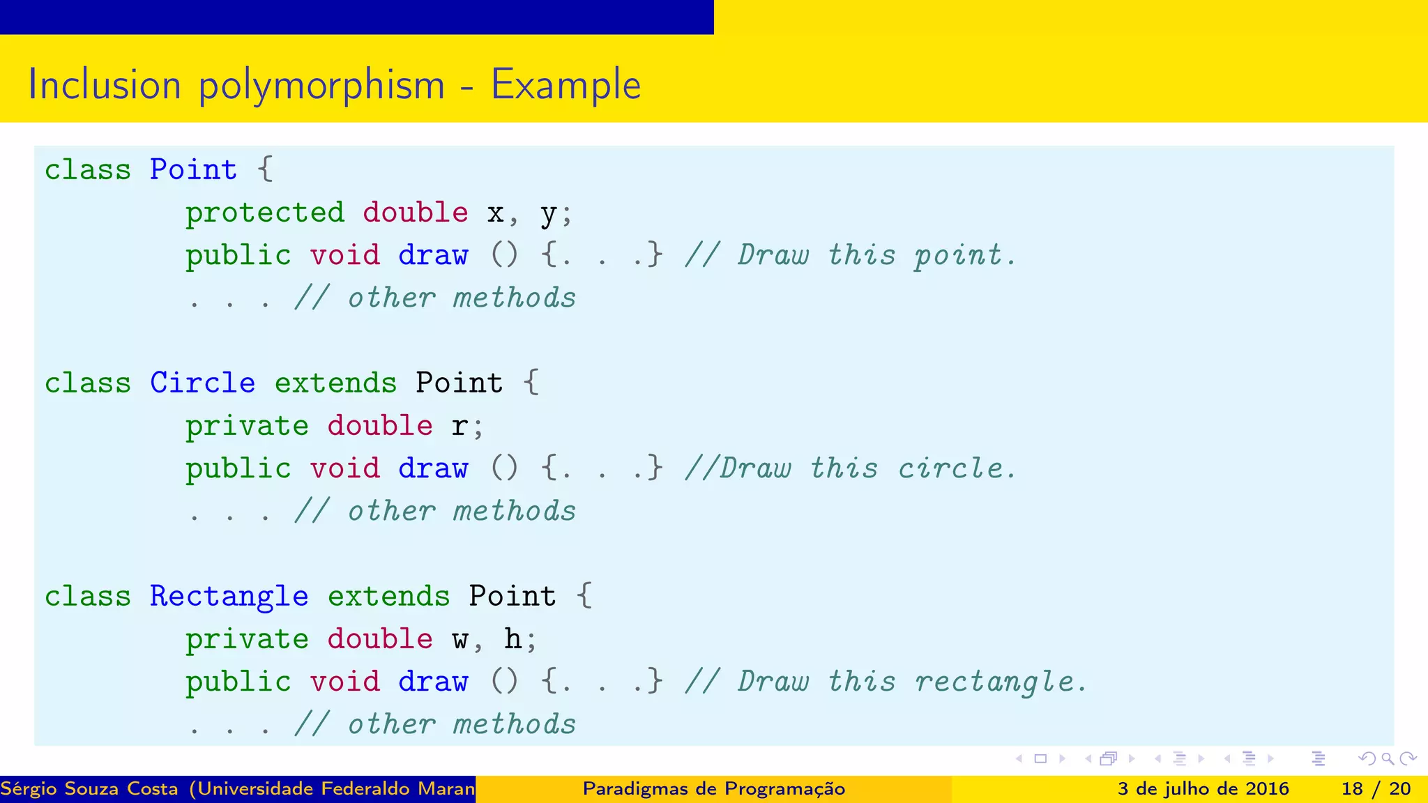 Inclusion polymorphism - Example
class Point {
protected double x, y;
public void draw () {. . .} // Draw this point.
. . . // other methods
class Circle extends Point {
private double r;
public void draw () {. . .} //Draw this circle.
. . . // other methods
class Rectangle extends Point {
private double w, h;
public void draw () {. . .} // Draw this rectangle.
. . . // other methods
Sérgio Souza Costa (Universidade Federaldo Maranhão) Paradigmas de Programação 3 de julho de 2016 18 / 20
 
