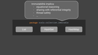 package scala.collection.immutable
List HashSet HashMap
Immutabilità implica:
- equational reasoning
- sharing with referential integrity
- thread safety
- …
 